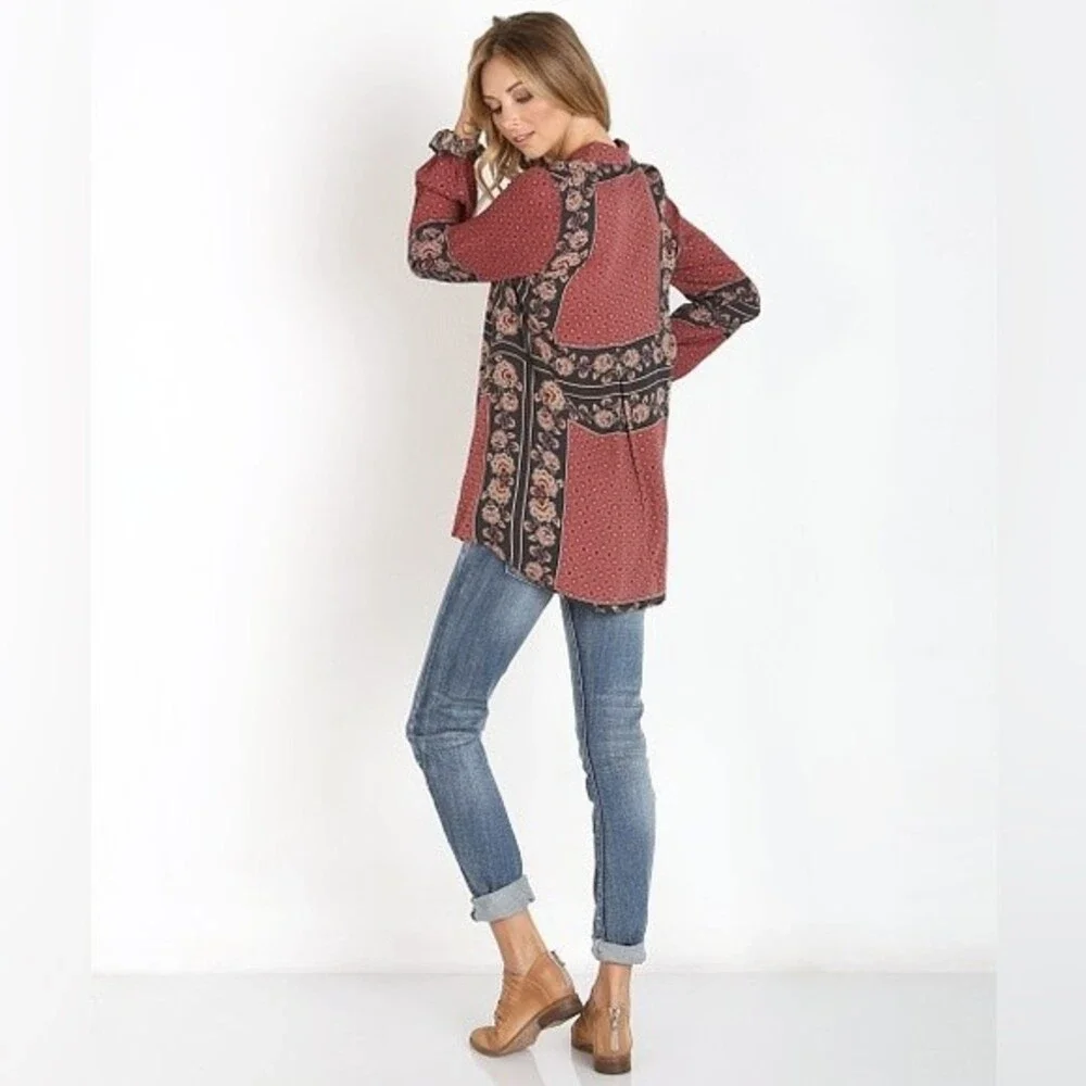 Free People Floral Dobby Changing Times Tunic Brick Combo Blouse Shirt Size XS